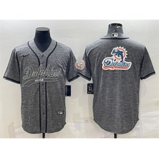 Men's Miami Dolphins Gray Team Big Logo With Patch Cool Base Stitched Baseball Jersey - Ujersey