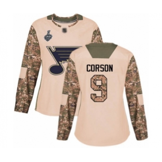 Women's St. Louis Blues #9 Shayne Corson Authentic Camo Veterans Day Practice 2019 Stanley Cup Final Bound Hockey Jersey - Ujersey