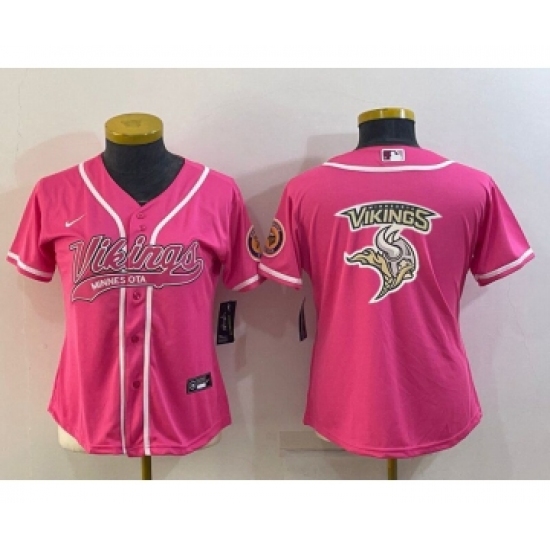 Women's Minnesota Vikings Pink Team Big Logo With Patch Cool Base Stitched Baseball Jersey - Ujersey