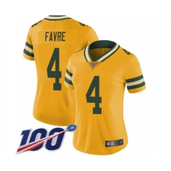 Women's Green Bay Packers #4 Brett Favre Limited Gold Rush Vapor Untouchable 100th Season Football Jersey - Ujersey