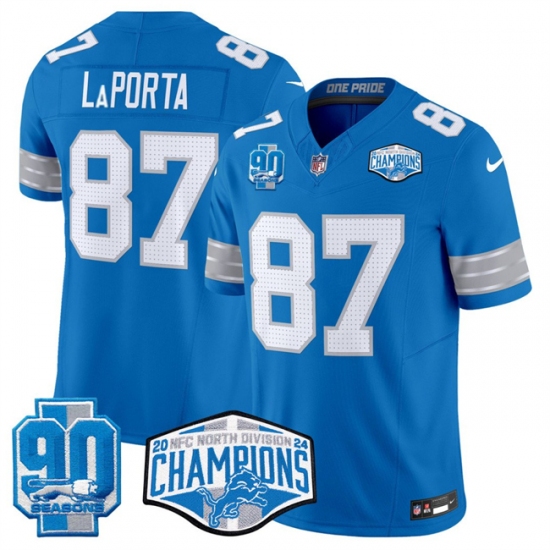 Men's Detroit Lions #87 Sam LaPorta Blue 2024 NFC North Champions 90th Anniversary F.U.S.E. Vapor Limited Stitched Jersey