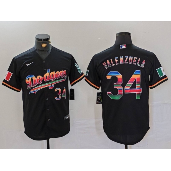 Men's Los Angeles Dodgers #34 Fernando Valenzuela Black Rainbow Mexico Cool Base Stitched Jersey