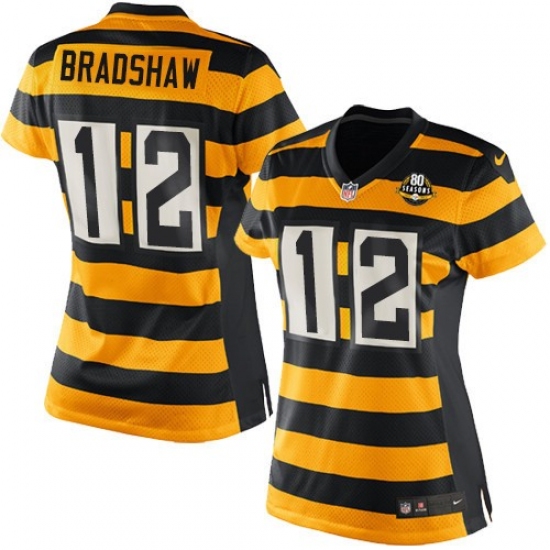 Women's Nike Pittsburgh Steelers #12 Terry Bradshaw Game Yellow/Black Alternate 80TH Anniversary Throwback NFL Jersey - Ujersey