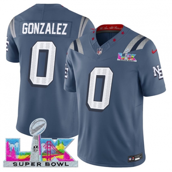 Men's New England Patriots #0 Christian Gonzalez Storm Blue 2025 F.U.S.E. Super Bowl LX “Rivalries” Vapor Limited Football Stitched Jersey - ujerseystore
