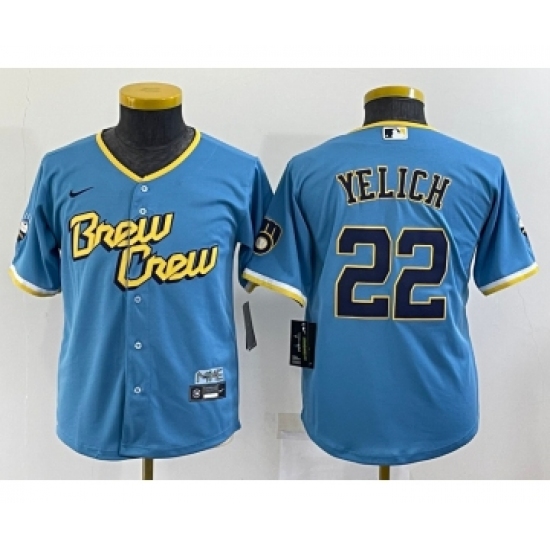 Youth Milwaukee Brewers #22 Christian Yelich Blue 2022 City Connect Cool Base Stitched Jersey - Ujersey