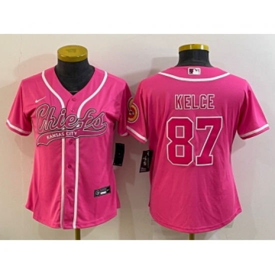 Women's Kansas City Chiefs #87 Travis Kelce Pink With Patch Cool Base Stitched Baseball Jersey - Ujersey
