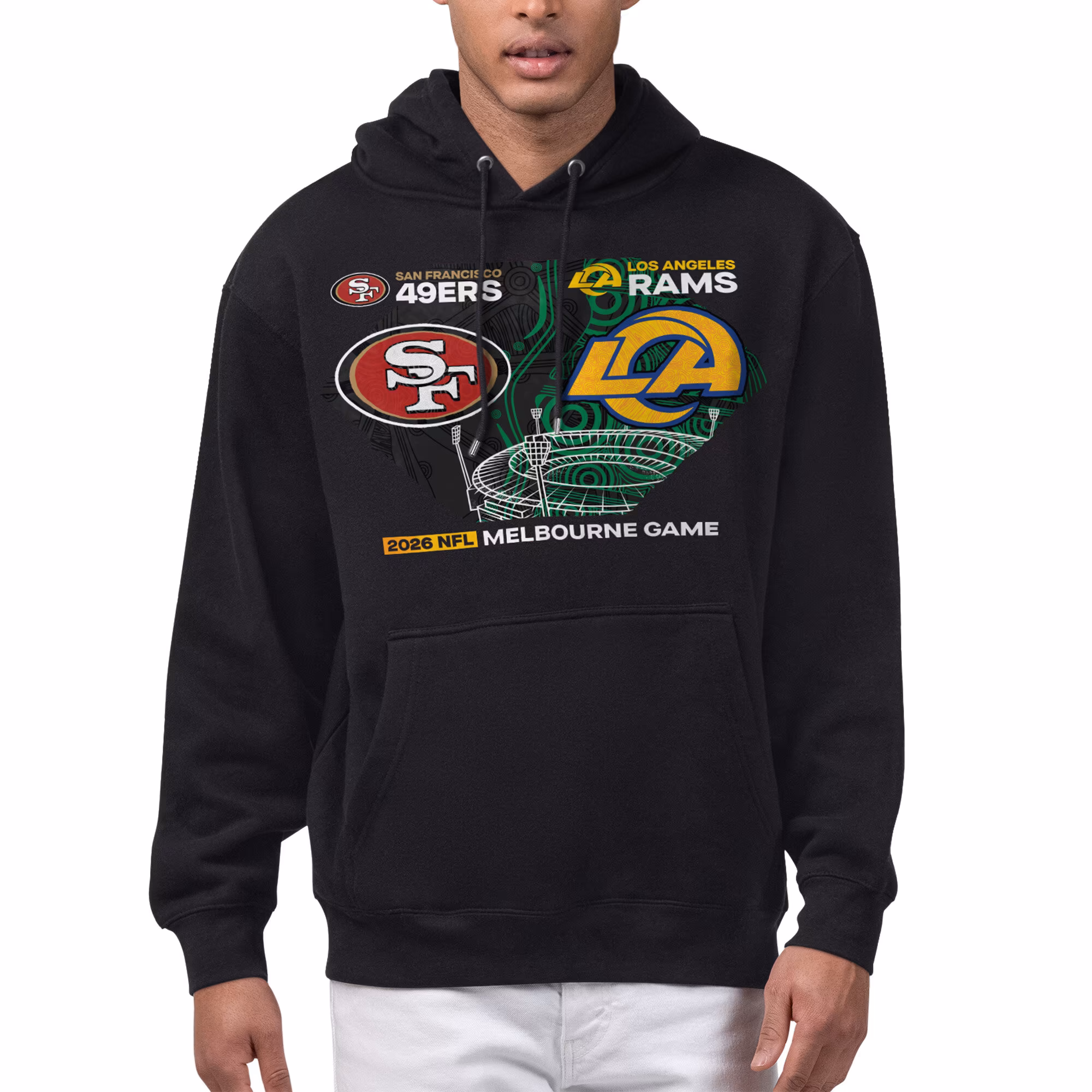 Men's San Francisco 49ers vs. Los Angeles Rams Starter Black Melbourne 2026 Matchup Graphic Fleece Hoodie - Ujersey