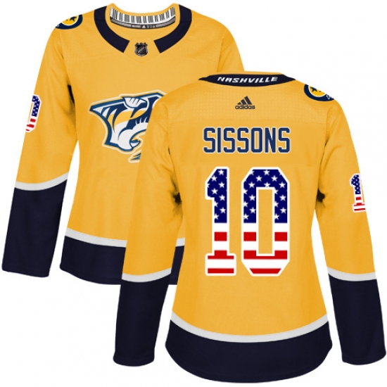Women's Adidas Nashville Predators #10 Colton Sissons Authentic Gold USA Flag Fashion NHL Jersey - Ujersey