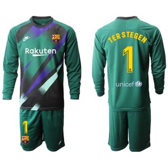 Barcelona #1 Ter Stegen Green Goalkeeper Long Sleeves Soccer Club Jersey