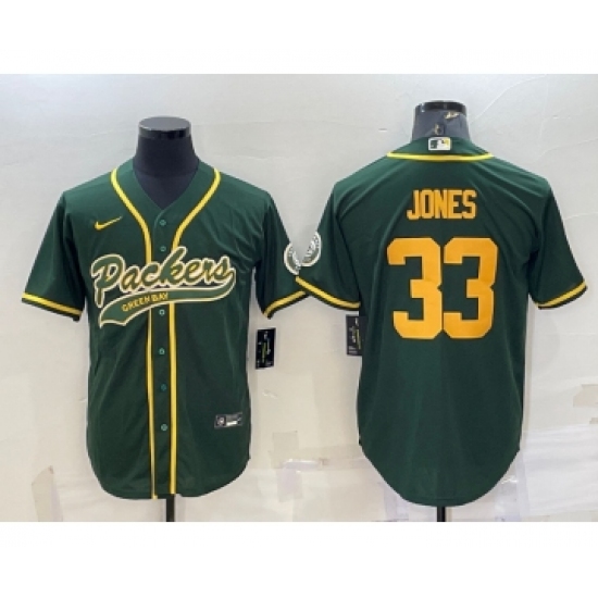 Men's Green Bay Packers #33 Aaron Jones Green Yellow With Patch Cool Base Stitched Baseball Jersey - Ujersey