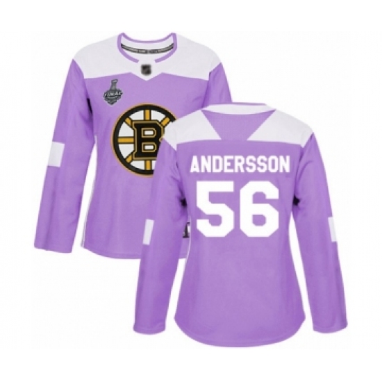 Women's Boston Bruins #56 Axel Andersson Authentic Purple Fights Cancer Practice 2019 Stanley Cup Final Bound Hockey Jersey - Ujersey