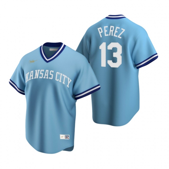 Men's Nike Kansas City Royals #13 Salvador Perez Light Blue Cooperstown Collection Road Stitched Baseball Jersey - Ujersey