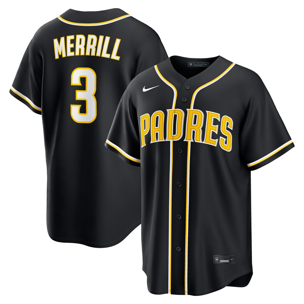 Men's San Diego Padres Jackson Merrill Nike Fashion Replica Black Out Jersey - SUjersey01