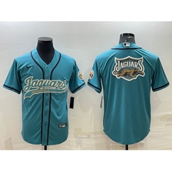 Men's Jacksonville Jaguars Teal Team Big Logo With Patch Cool Base Stitched Baseball Jersey - Ujersey