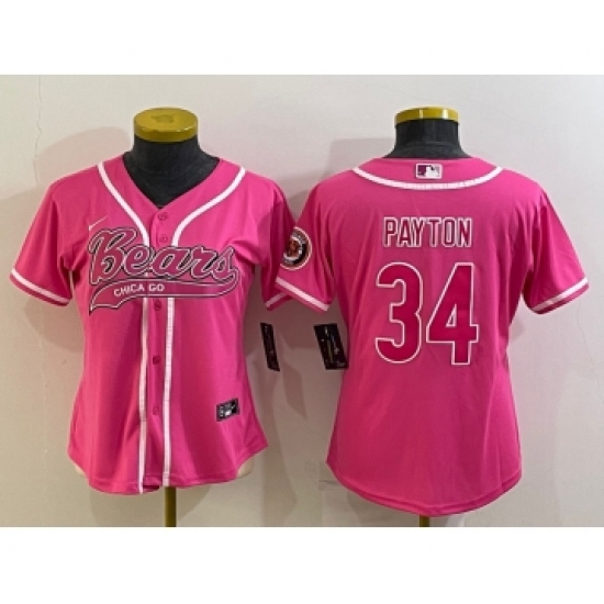 Women's Chicago Bears #34 Walter Payton Pink With Patch Cool Base Stitched Baseball Jersey - Ujersey