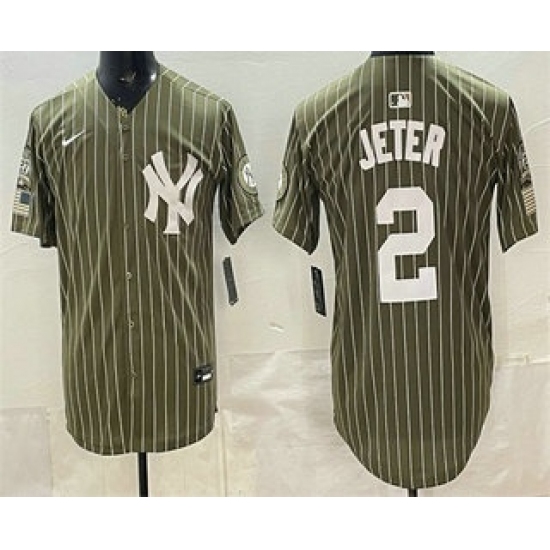 Men's New York Yankees #2 Derek Jeter Olive Pinstripe 2026 Armed Forces Day Salute To Service Jersey - Ujersey
