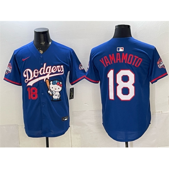Men's Los Angeles Dodgers #18 Yoshinobu Yamamoto Royal Hello Kitty Night 2025 World Series Champions Stitched Baseball Jersey - Ujersey
