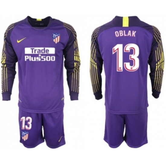 Atletico Madrid #13 Oblak Purple Goalkeeper Long Sleeves Soccer Club Jersey