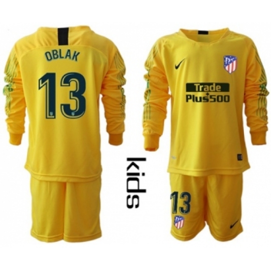 Atletico Madrid #13 Oblak Yellow Goalkeeper Long Sleeves Kid Soccer Club Jersey
