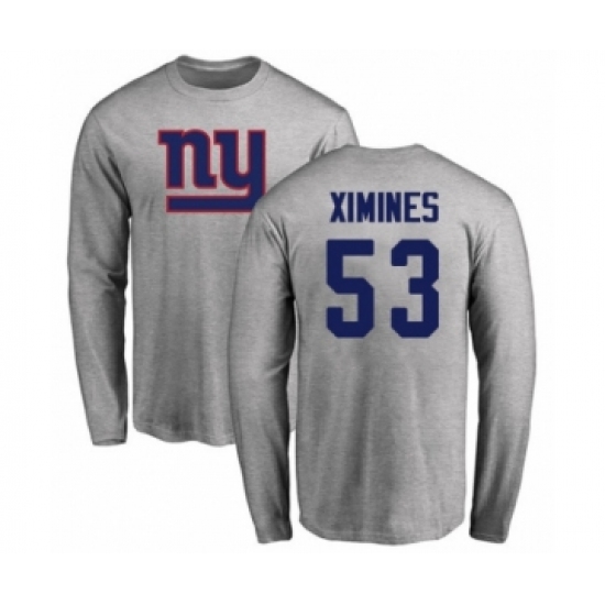 Football New York Giants #53 Oshane Ximines Ash Name & Number Logo Long Sleeve T-Shirt - Ujersey