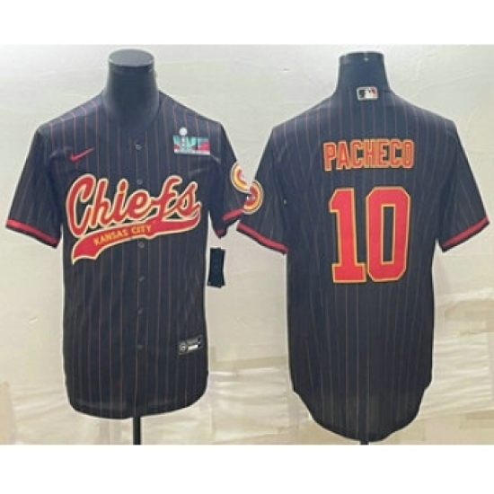 Men's Kansas City Chiefs #10 Isiah Pacheco Black Pinstripe With Super Bowl LVII Patch Cool Base Stitched Baseball Jersey - Ujersey