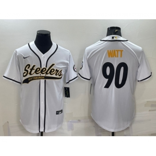 Men's Pittsburgh Steelers #90 TJ Watt White With Patch Cool Base Stitched Baseball Jersey - Ujersey