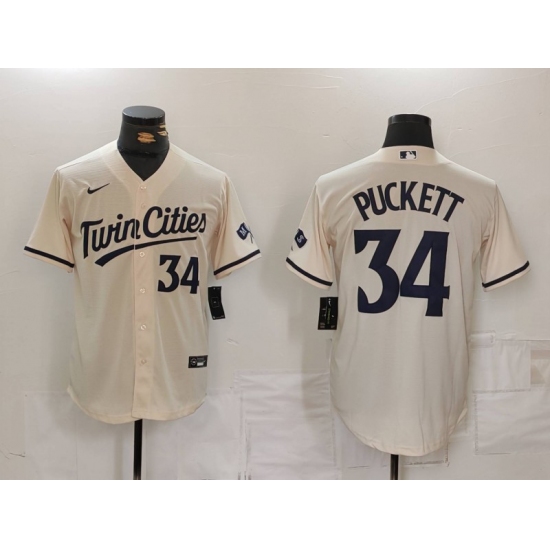 Men's Minnesota Twins #34 Kirby Puckett Number Cream Cool Base Stitched Jersey - Ujersey