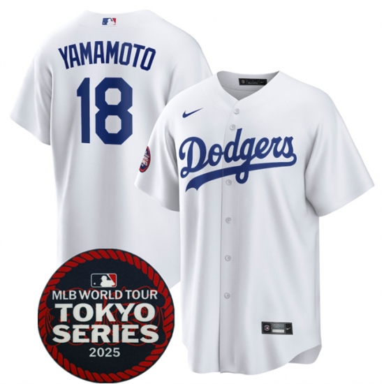 Men's Los Angeles Dodgers #18 Yoshinobu Yamamoto White 2025 World Tour Tokyo Series Home Stitched Baseball Jersey - Ujersey