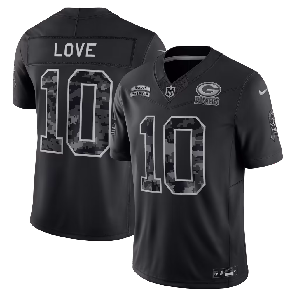 Men's Green Bay Packers Jordan Love Nike Black 2026 Salute to Service Stitched Limited Jersey