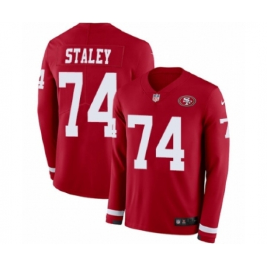 Youth Nike San Francisco 49ers #74 Joe Staley Limited Red Therma Long Sleeve NFL Jersey - Ujersey