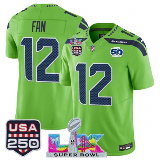 Men's Seattle Seahawks #12 Fan Green 2025 F.U.S.E. Super Bowl LX And 50th Season & USA 250' Vapor Limited Football Stitched Jersey - Ujersey