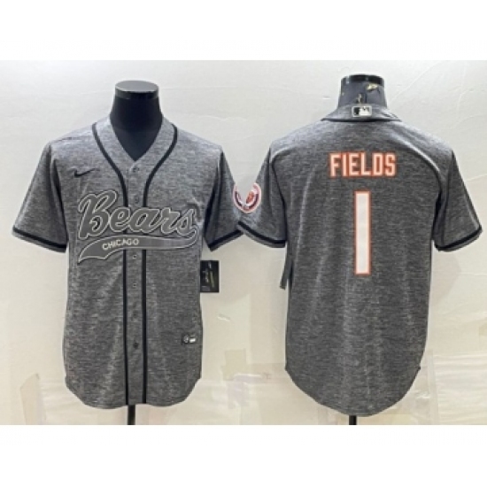 Men's Chicago Bears #1 Justin Fields Gray With Patch Cool Base Stitched Baseball Jersey - Ujersey