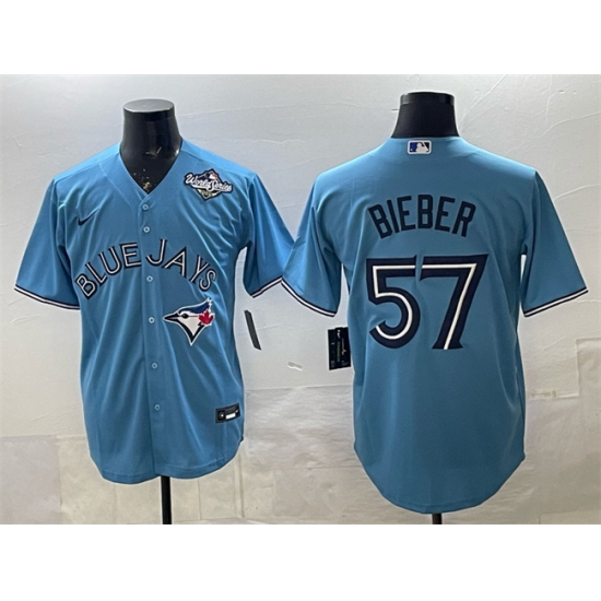 Men's Toronto Blue Jays #57 Shane Bieber Blue 2025 World Series Cool Base Stitched Baseball Jersey - Ujersey