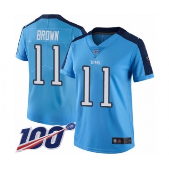 Women's Tennessee Titans #11 A.J. Brown Limited Light Blue Rush Vapor Untouchable 100th Season Football Jersey - Ujersey