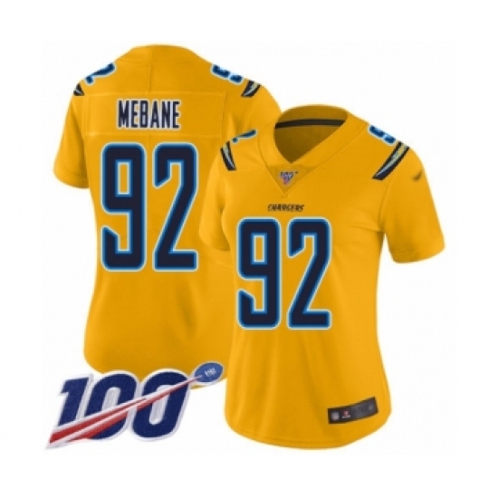 Women's Los Angeles Chargers #92 Brandon Mebane Limited Gold Inverted Legend 100th Season Football Jersey - Ujersey
