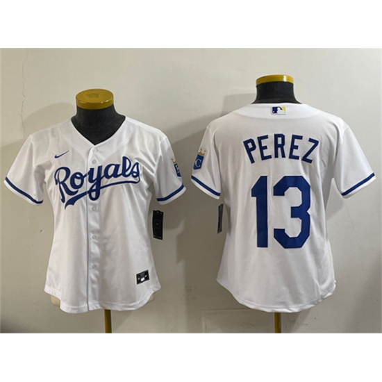 Women's Kansas City Royals #13 Salvador Perez White Cool Base Stitched Jersey(Run Small) - Ujersey