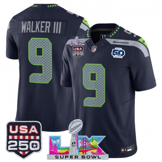 Men's Seattle Seahawks #9 Kenneth Walker III Navy 2025 F.U.S.E. Super Bowl LX And 50th Season & USA 250 Vapor Limited Football Stitched Jersey - Ujersey