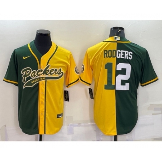 Men's Green Bay Packers #12 Aaron Rodgers Green Yellow Split With Patch Cool Base Stitched Baseball Jersey - Ujersey