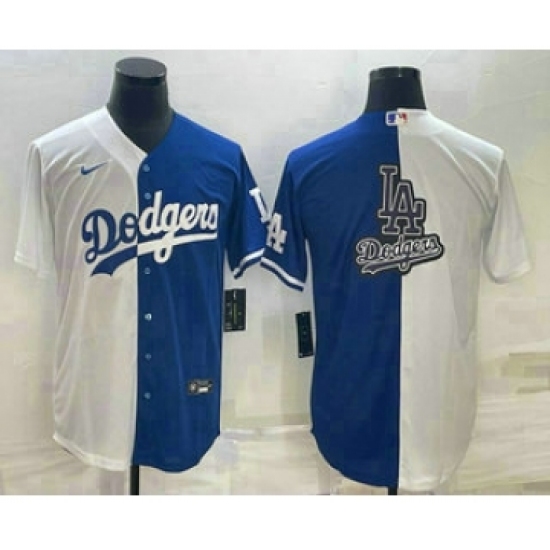 Men's Los Angeles Dodgers White Blue Split Team Big Logo Cool Base Stitched Baseball Jersey - Ujersey