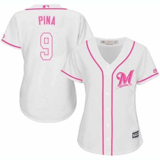 Women's Majestic Milwaukee Brewers #9 Manny Pina Replica White Fashion Cool Base MLB Jersey - Ujersey