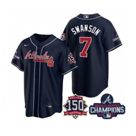 Men's Atlanta Braves #7 Dansby Swanson 2021 Navy World Series Champions With 150th Anniversary Patch Cool Base Stitched Jersey - Ujersey
