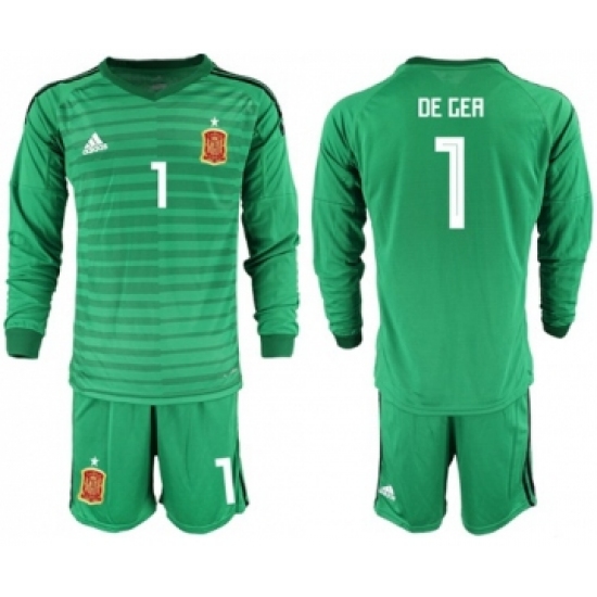 Spain #1 De Gea Green Long Sleeves Goalkeeper Soccer Country Jersey