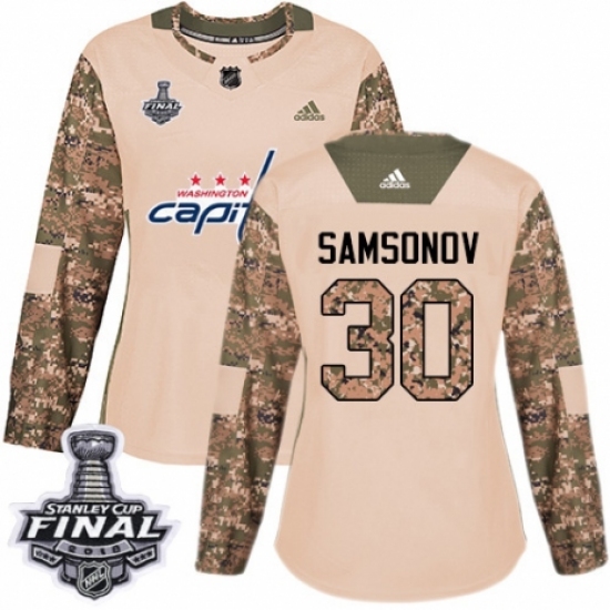 Women's Adidas Washington Capitals #30 Ilya Samsonov Authentic Camo Veterans Day Practice 2018 Stanley Cup Final NHL Jersey - Ujersey