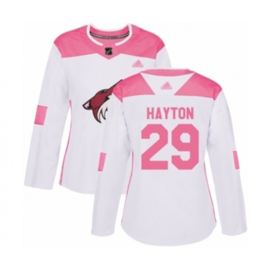 Women's Arizona Coyotes #29 Barrett Hayton Authentic White Pink Fashion Hockey Jersey - Ujersey