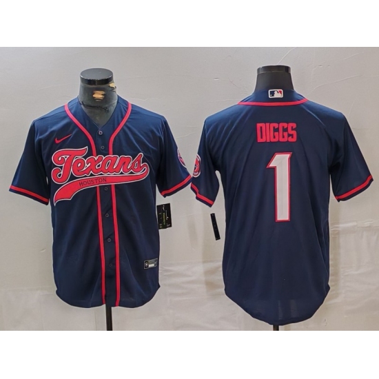 Men's Houston Texans #1 Stefon Diggs Navy With Cool Base Stitched Baseball Jersey - Ujersey