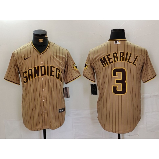 Men's San Diego Padres #3 Jackson Merrill Tan NEW 2023 Cool Base Stitched Jersey - Ujersey