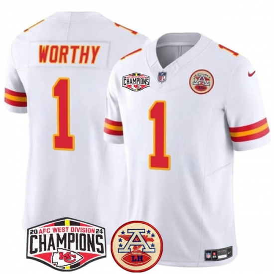 Men's Kansas City Chiefs #1 Xavier Worthy White F.U.S.E. 2024 AFC West Division Champions Vapor Limited Stitched Football Jersey - Ujersey