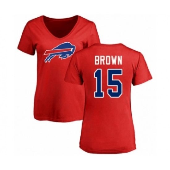 Football Women's Buffalo Bills #15 John Brown Red Name & Number Logo T-Shirt - Ujersey