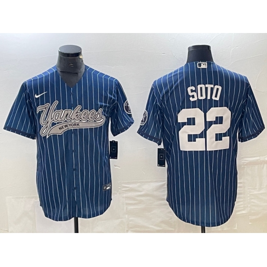Men's New York Yankees #22 Juan Soto Blue Pinstripe Cool Base Stitched Baseball Jersey - Ujersey