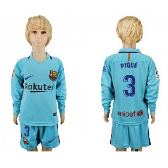 Barcelona #3 Pique Away Long Sleeves Kid Soccer Club Jersey